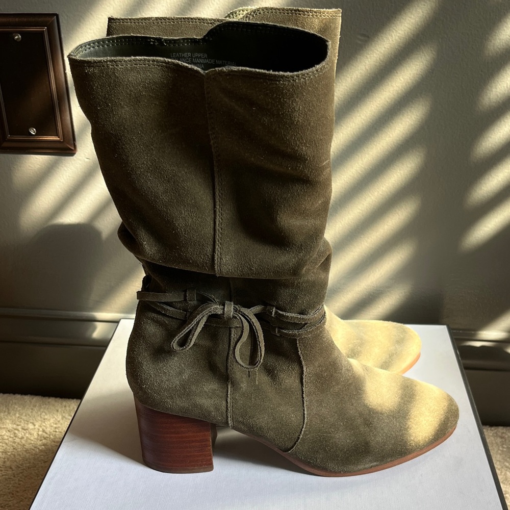 Suede Mid-Calf Block Heel Boots in Olive with Tie Detail